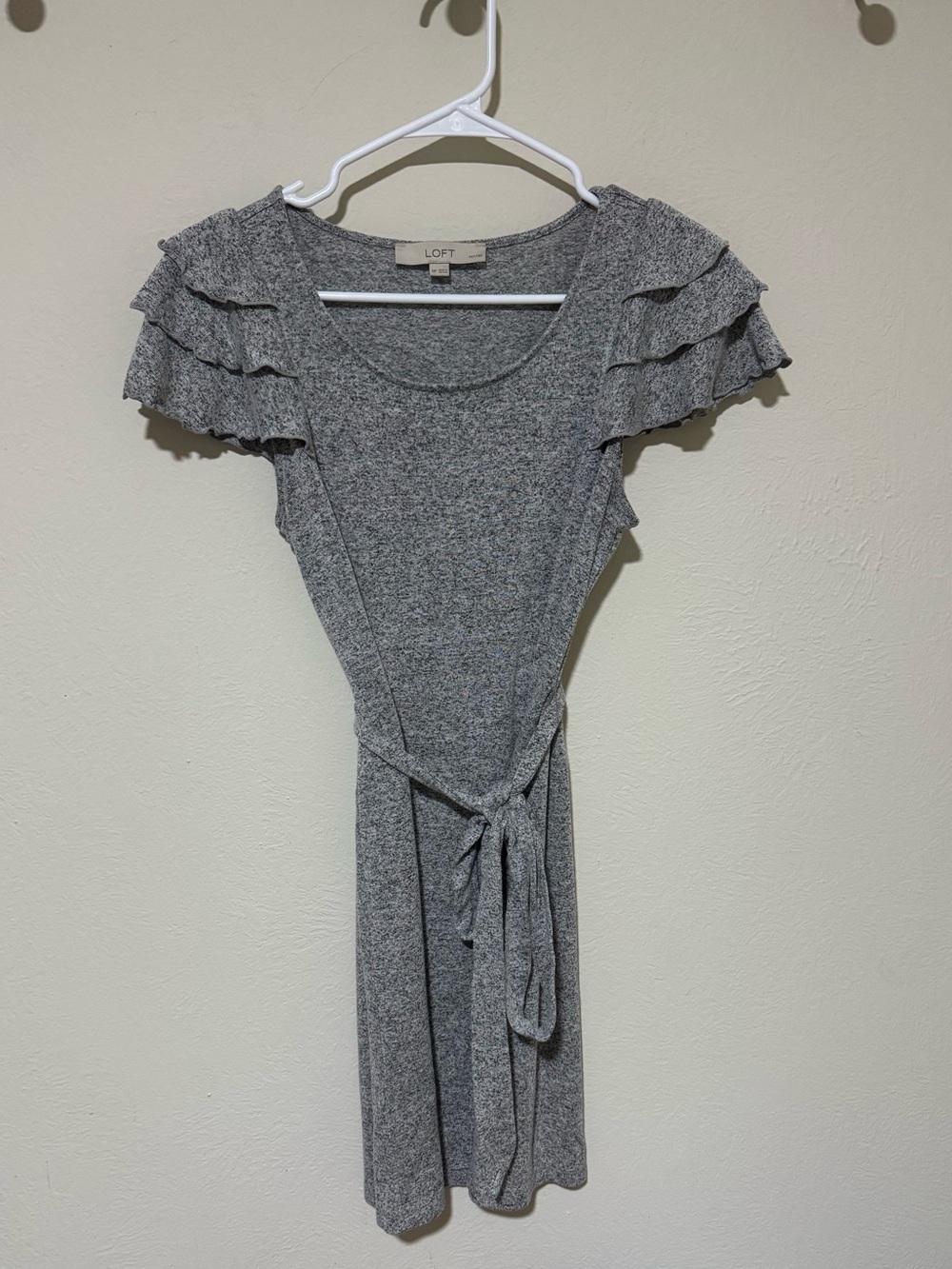 LOFT Heather Gray Midi Dress with Ruffle Sleeves and Tie Waist